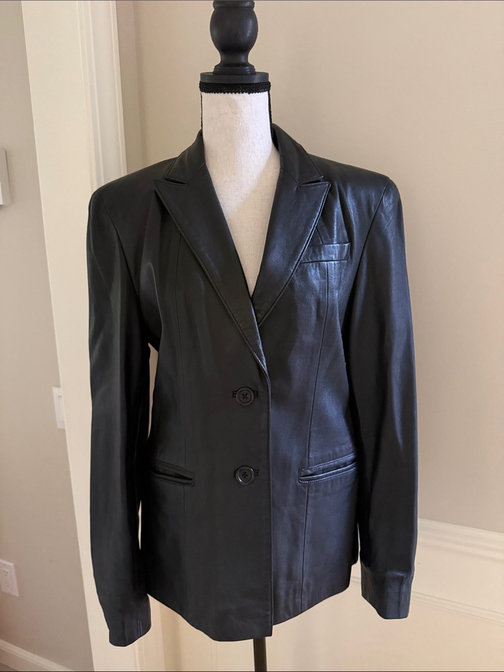 Sequence Vintage 90s Black Soft Leather Blazer Jacket Women's Size 12 Tailored